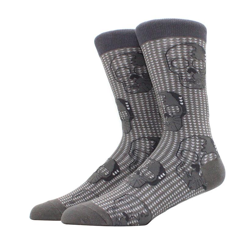 Roliga glada herrstrumpor med grafisk design, kammad bomull, omelett, groda, galen klocka, lax, majs, fågel, fisk, strumpa, julklapp