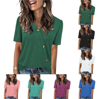 Women's Loose Casual Solid Color Bubble Short Sleeved V-Neck Button T-Shirt Top Top