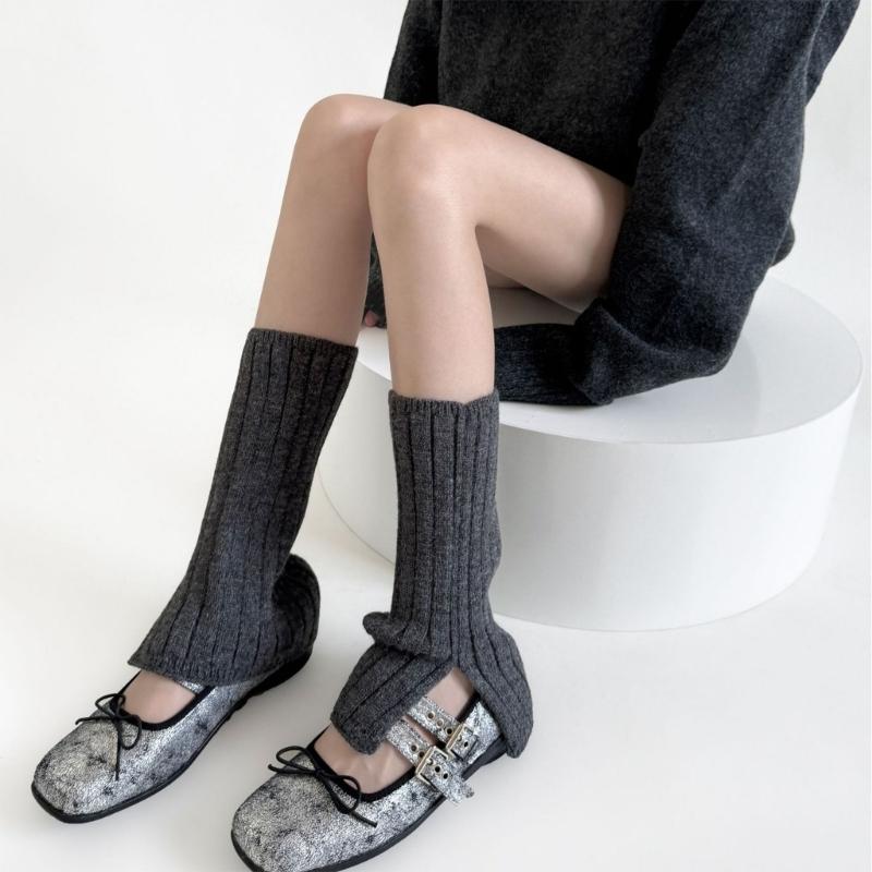 Women's Aesthetic Solid Color Leg Warmers with Side Split Ribbed Knit Boot Covers Footless Socks for Everyday Wear