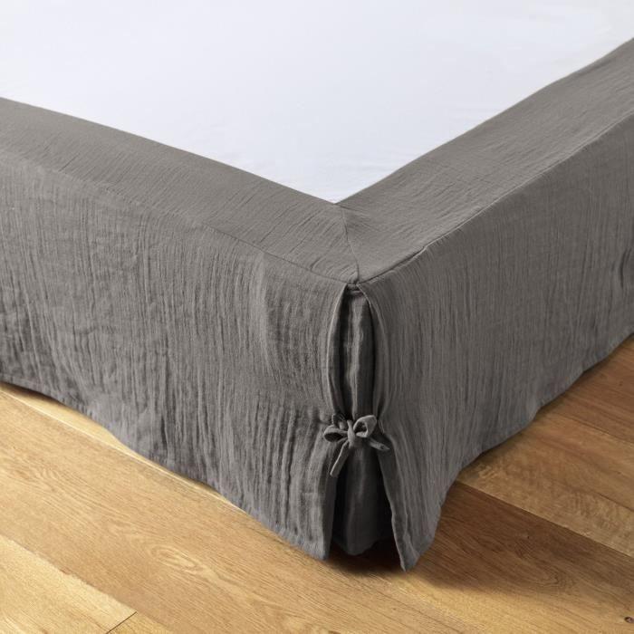 Cache-sommier - Gaïa - Granit - 90x190cm - 100% Gaze de Coton - Volant 30cm