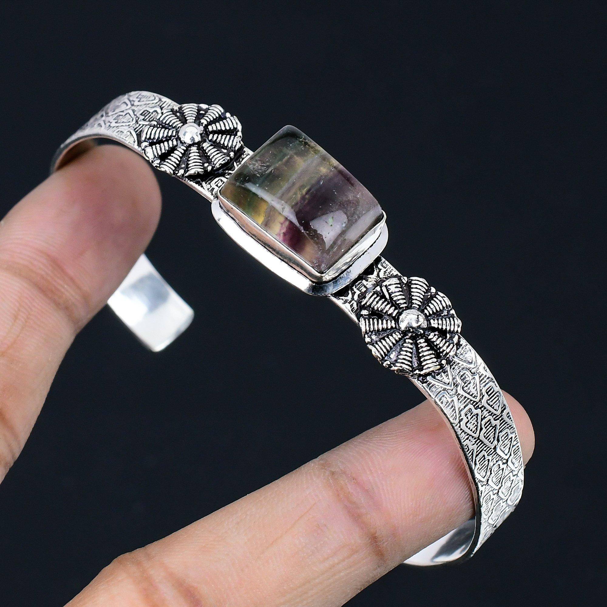 

Mothers day Sale Multi Fluorite Gemstone Sterling Silver Art Deco Bangle Jewelry Adjustable