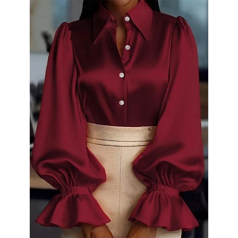 New Elegant Commuter Puff Long Sleeve Lapel Satin Womens Shirt Casual Loose Office Blouse New Lapel Simple Fashion Solid Color Tops