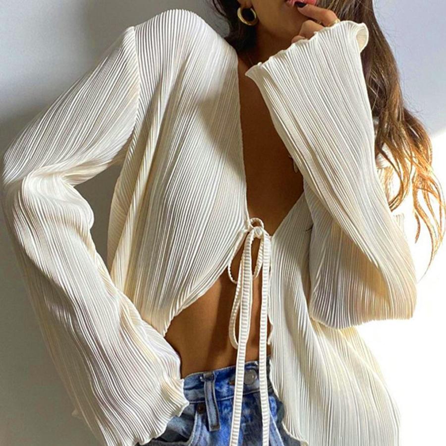 

Женщины Плиссированные простые рубашки Весенняя осень Шик Длинный Flare Рукав V-Neck Tie Up Кардиганы Топы для повседневной вечеринки Улица
