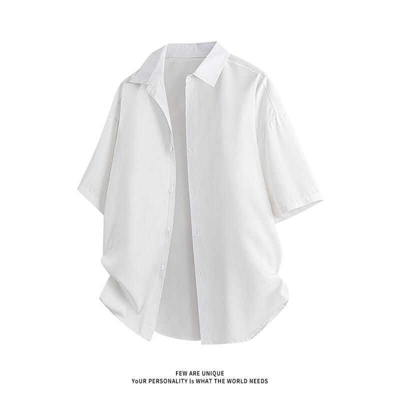 Men s Korean Style Casual Solid Color Short-Sleeved Lapel Shirt 2XL белый