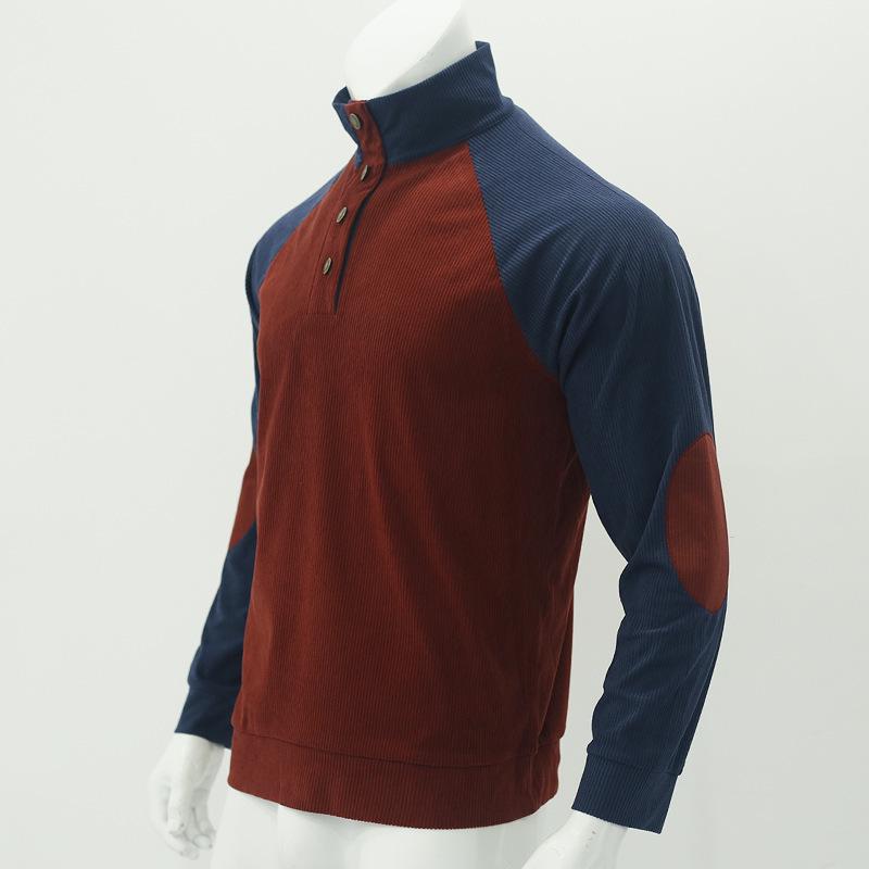 Men's Corduroy Color Block Stand Collar Hoodie - Casual Long Sleeve Top for Spring and Autumn
