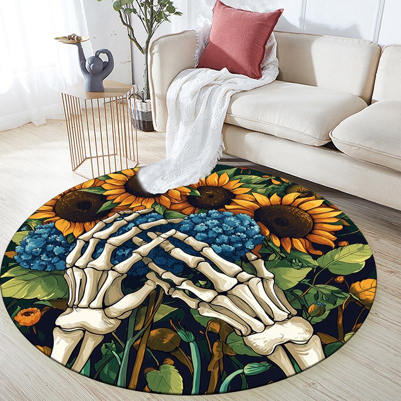Sunflower and Skull,Round Area Rug,Carpet Rug for Living Room Bedroom Sofa Playroom Decor,Non-slip Floor Mat