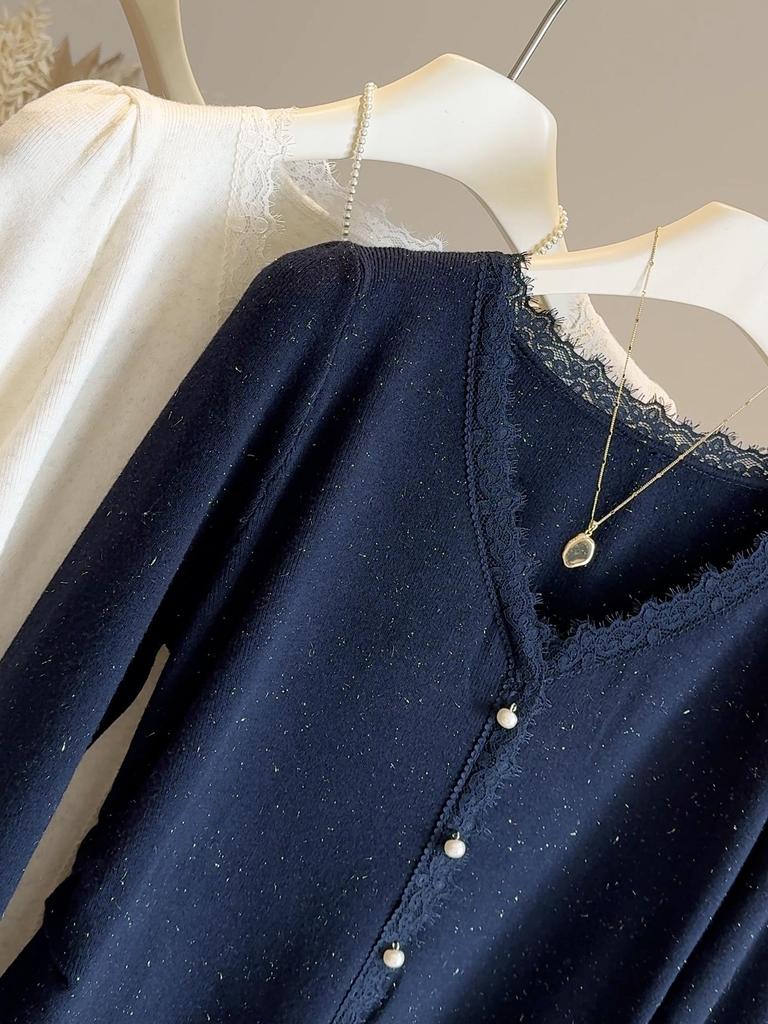 Pull-over pour femme à col en V avec patchwork de dentelle scintillante - Tricot polyvalent de couleur unie pour l'automne 2025