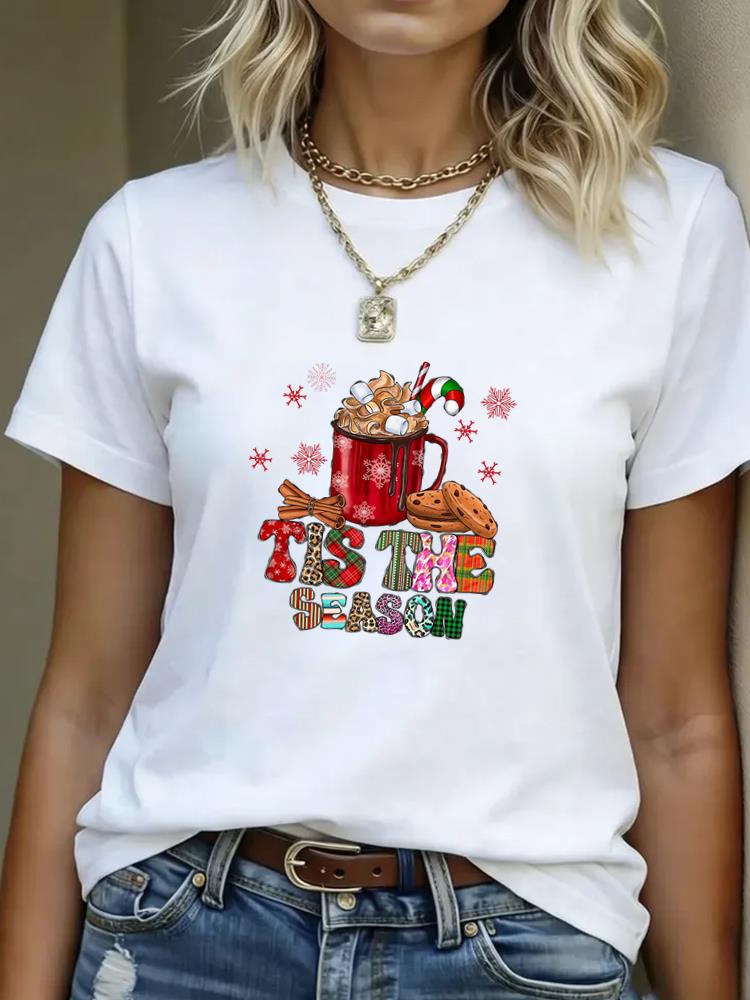 (Asian Size) tree watercolor  T Shirt Print Casual New Year Short Sleeve T-shirts Merry Christmas Fashion Women's Top O-neck Clothing Graphic Tee