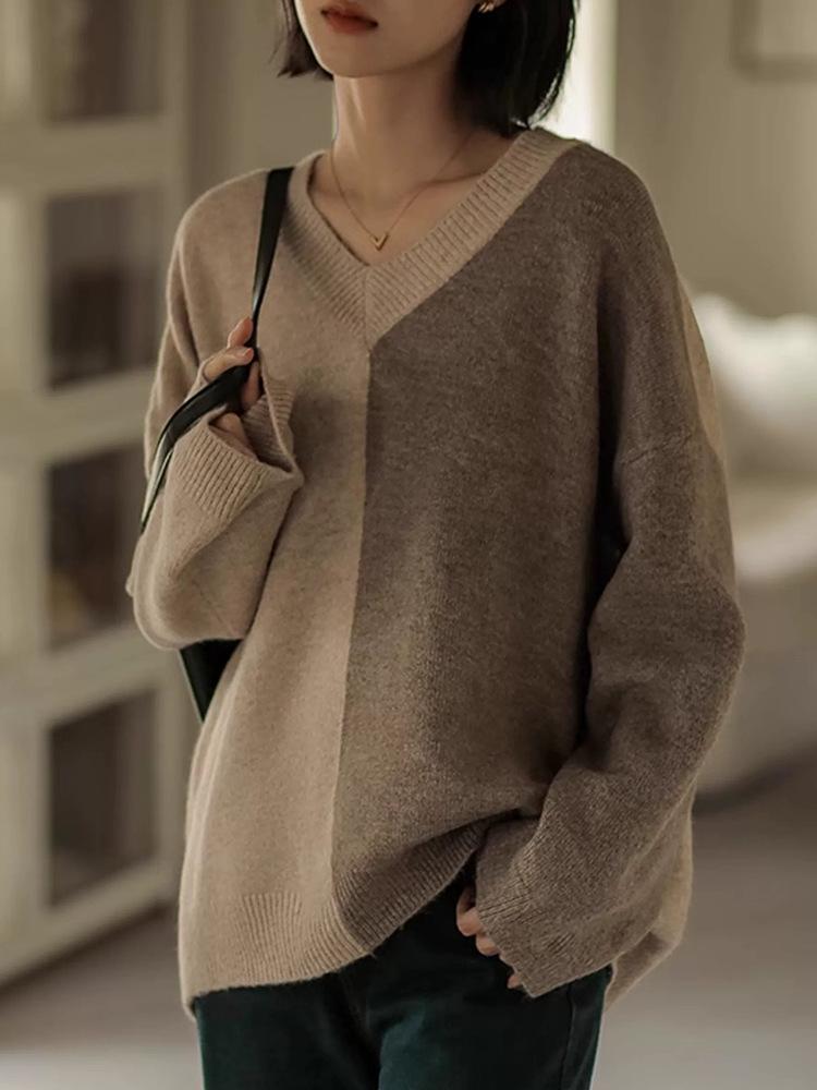 European Chic V-Neck Color Block Pure Wool Women's Sweater, Autumn Winter Loose Knit Pullover.