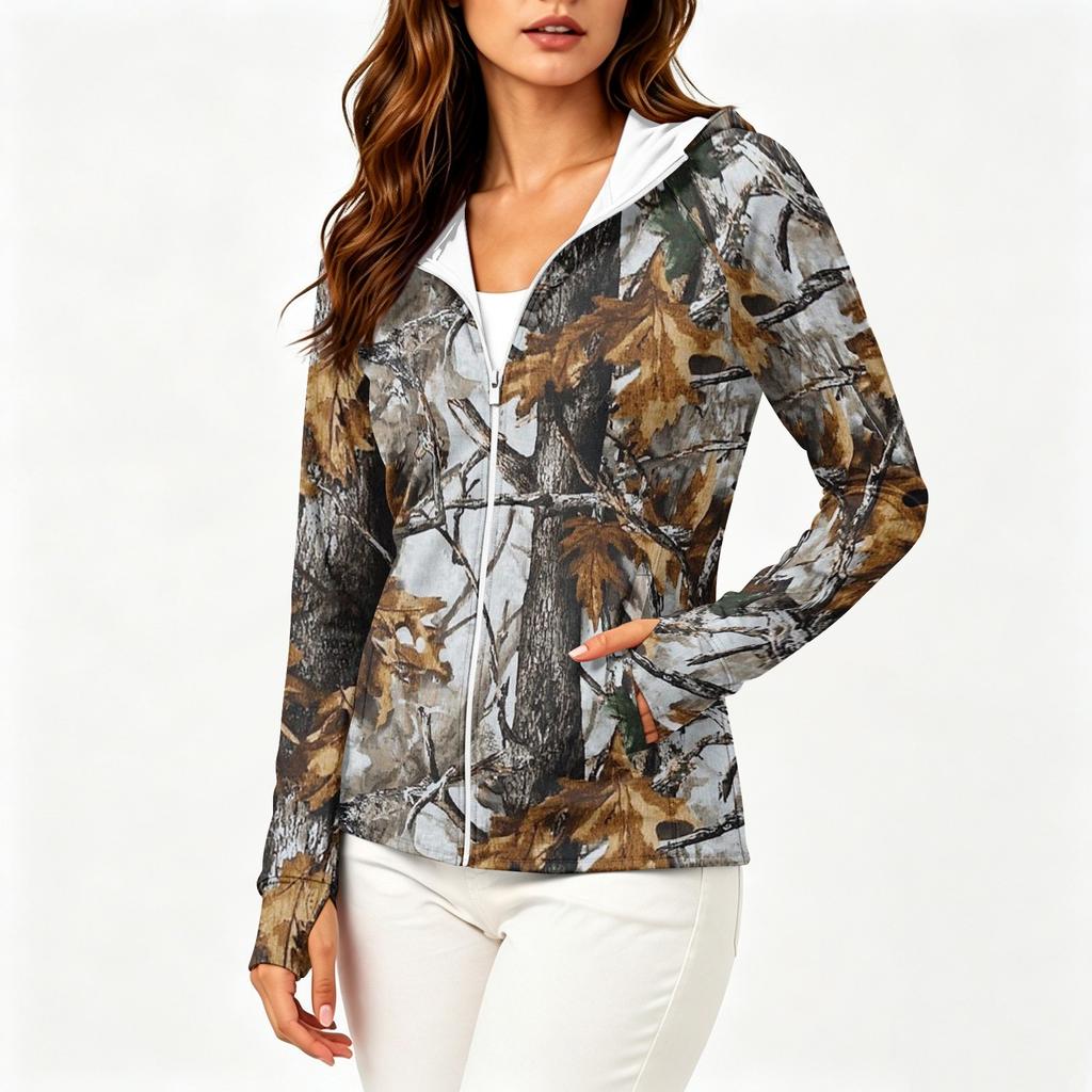 Chaqueta Ligera con Cremallera y Capucha para Mujer con Bolsillos de Manga Larga Estampada Protección Solar Ropa de Abrigo para Actividades al Aire Libre