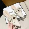 With Bow Low Heel Outside Shoes Khaki Women's Slippers and Ladies Sandals Pointed Toe Slides Mules Korea Style G Luxury H Sandal