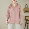 Real Shot Summer New Literary Loose Embroidery Flower Cotton and Linen V-neck Seven-quarter Sleeve T-shirt Women's Shirt Top