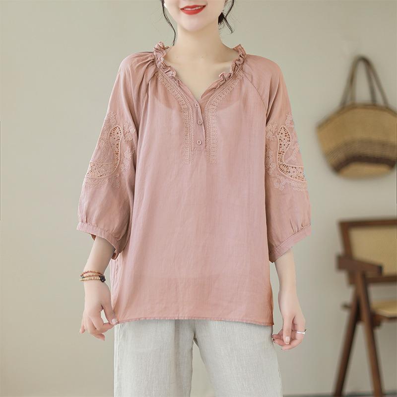 Real Shot Summer New Literary Loose Embroidery Flower Cotton and Linen V-neck Seven-quarter Sleeve T-shirt Women's Shirt Top