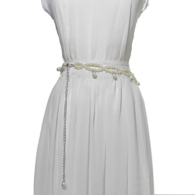 Meier New women's pearl waist chain - fashionable and sweet pearl-embellished slim belt