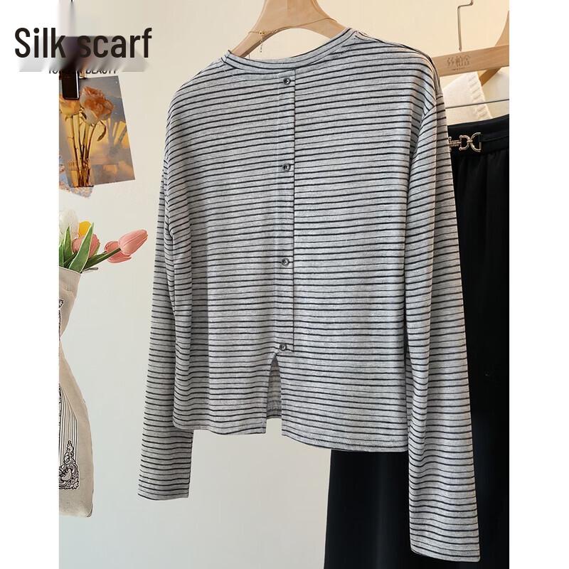 

Women s Striped Long Sleeve T-shirt with Back Buttons L