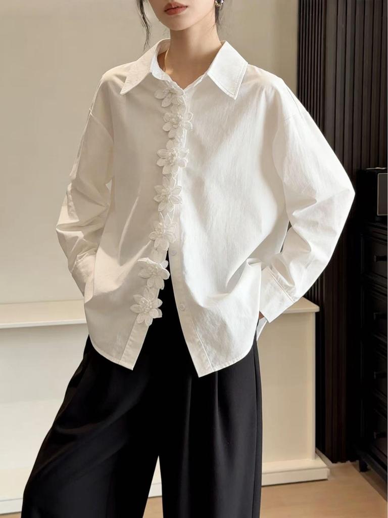 Elegant French 3D Floral Lapel White Shirt for Women - Spring Style, Loose Fit, Long Sleeve, Mid-Length Top