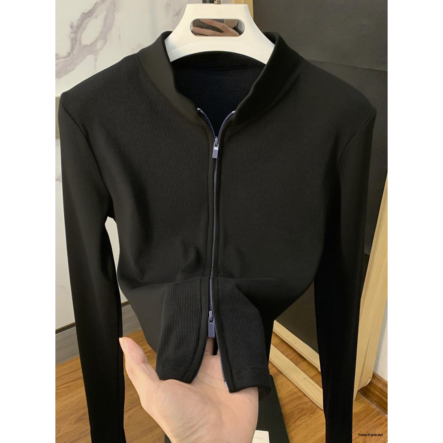 

Women s Spicy Girl Double Zipper Slim Fit Stand Collar Cardigan Jacket - Long Sleeve Versatile Autumn/Winter Sport Casual Top M