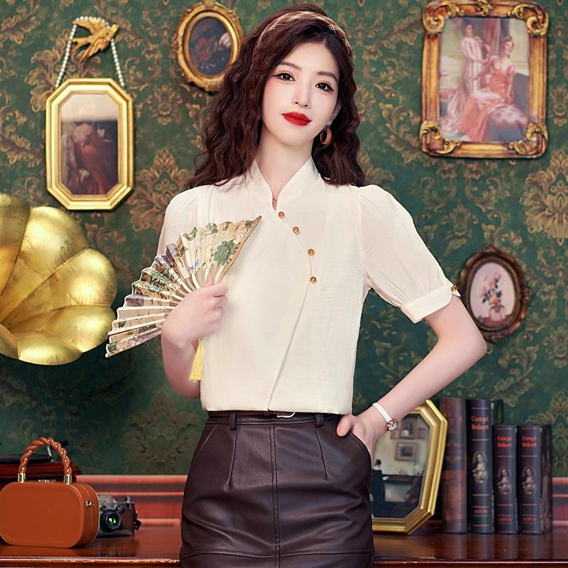 Fashion New Summer Chinese Style Stand Collar Short Sleeve Chiffon Blouse Shirt Women Tops J391