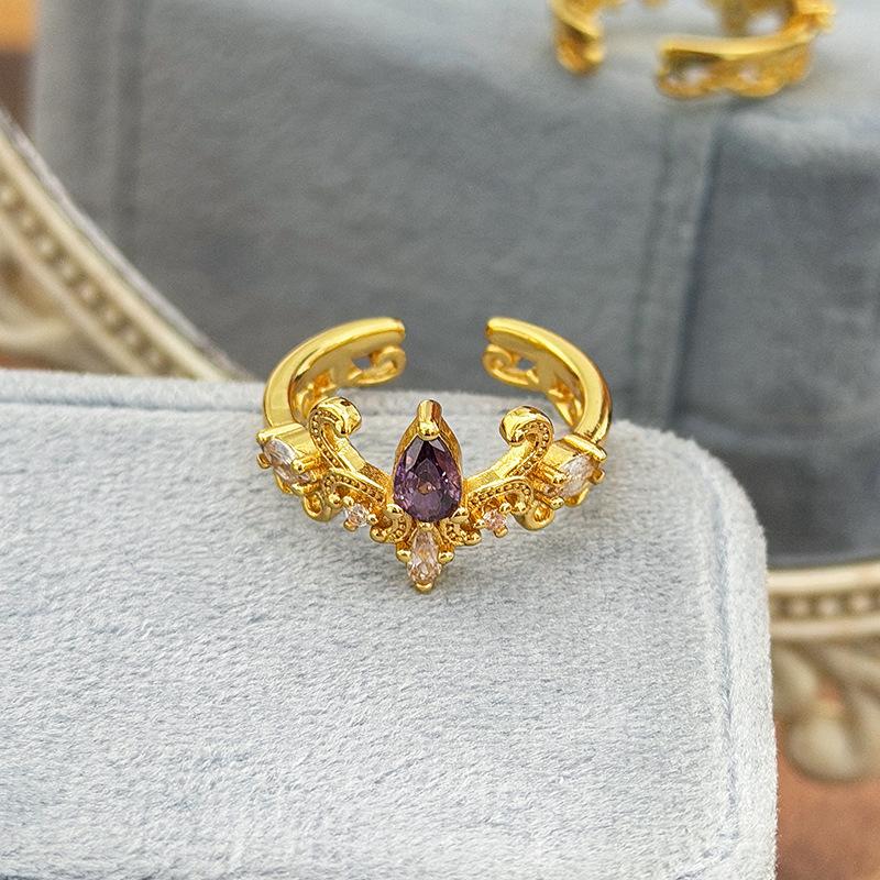 Medieval Vintage Retro Colored Treasure Zir*****Pen Ring Stacked Wearing Temperament Niche Design Light Luxury Index Finger Ring Women