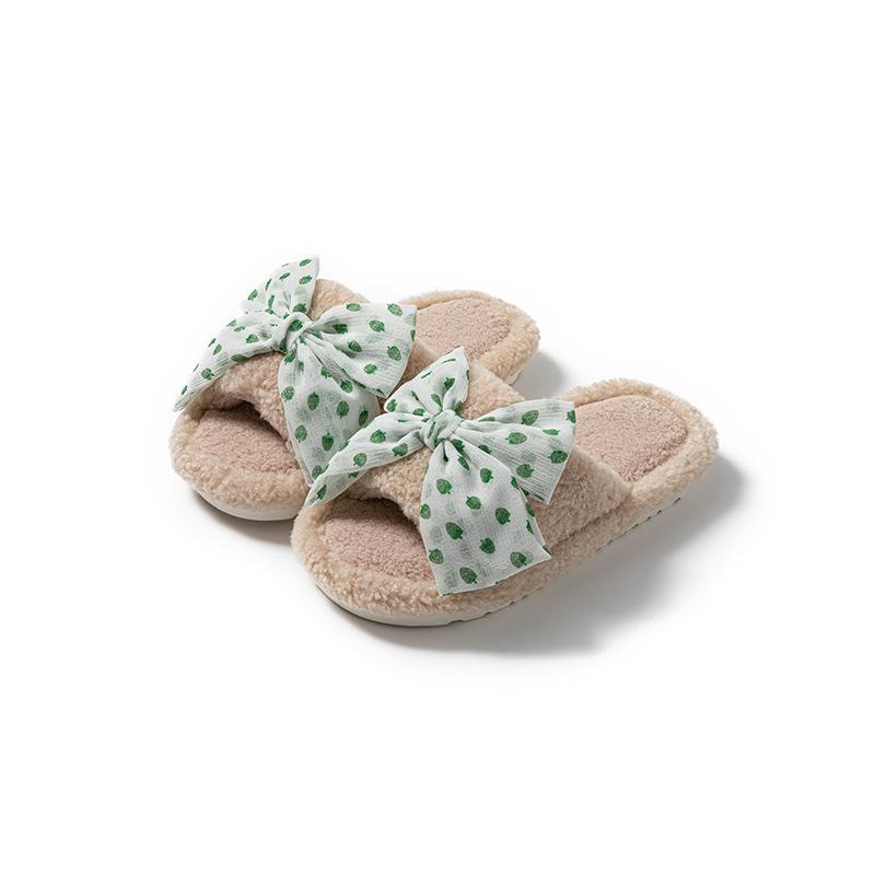 Polka Dot Bow Open Cotton Slippers Ins Fluffy Slippers Less Contrasting Plush Slippers