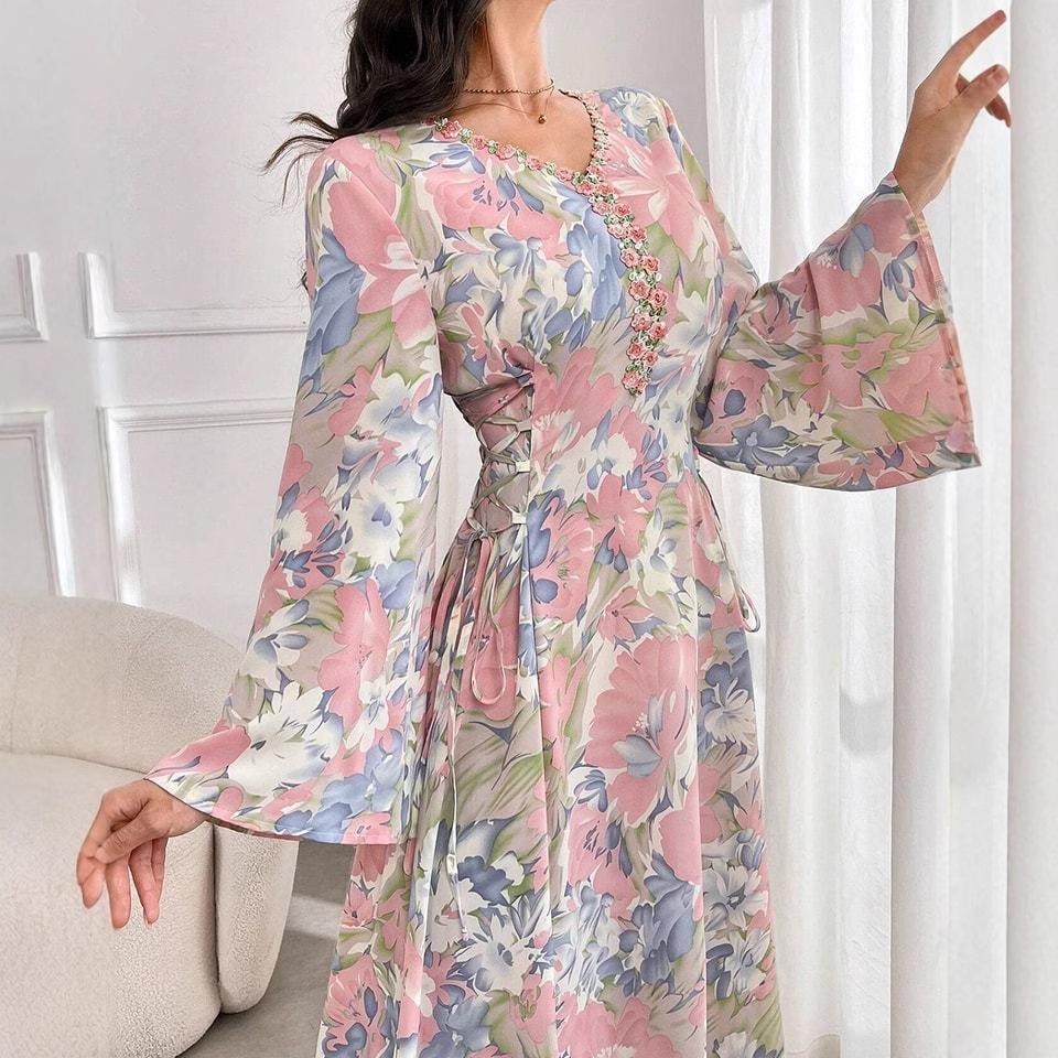 Middle East, Dubai Evening Dress New Fashion Temperament Slim Flared Sleeve V-Neck A-Dress Robe