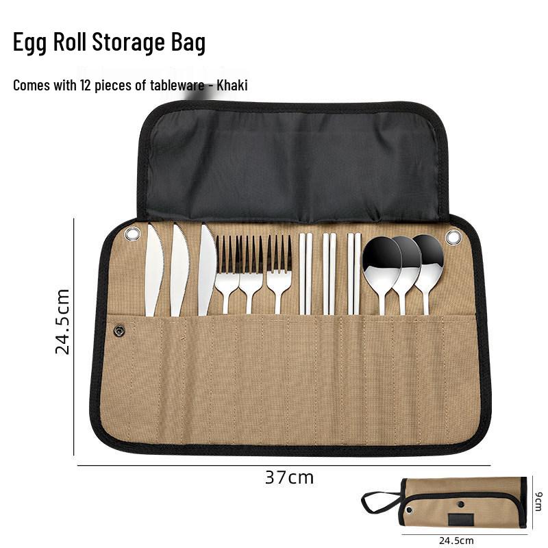 Stainless Steel Cutlery Set with Storage Bag: Chopsticks, Spoon, Fork, Knives, and Bowls for Outdoor Camping and Picnics.