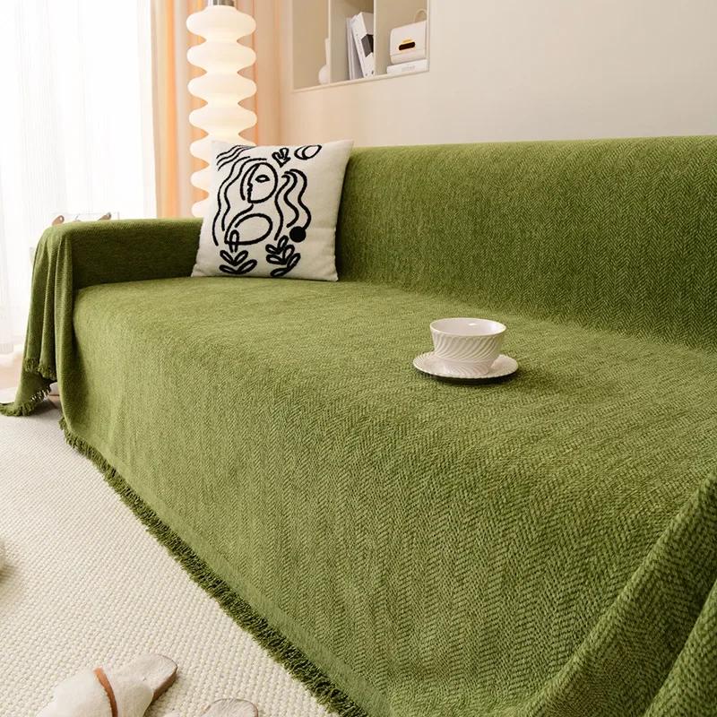 High Quality Waterproof Chenille Sofa Cover Cloth Green Striped Sofa Cushion Four Season Universal 3  Seat All Inclusive Blanket