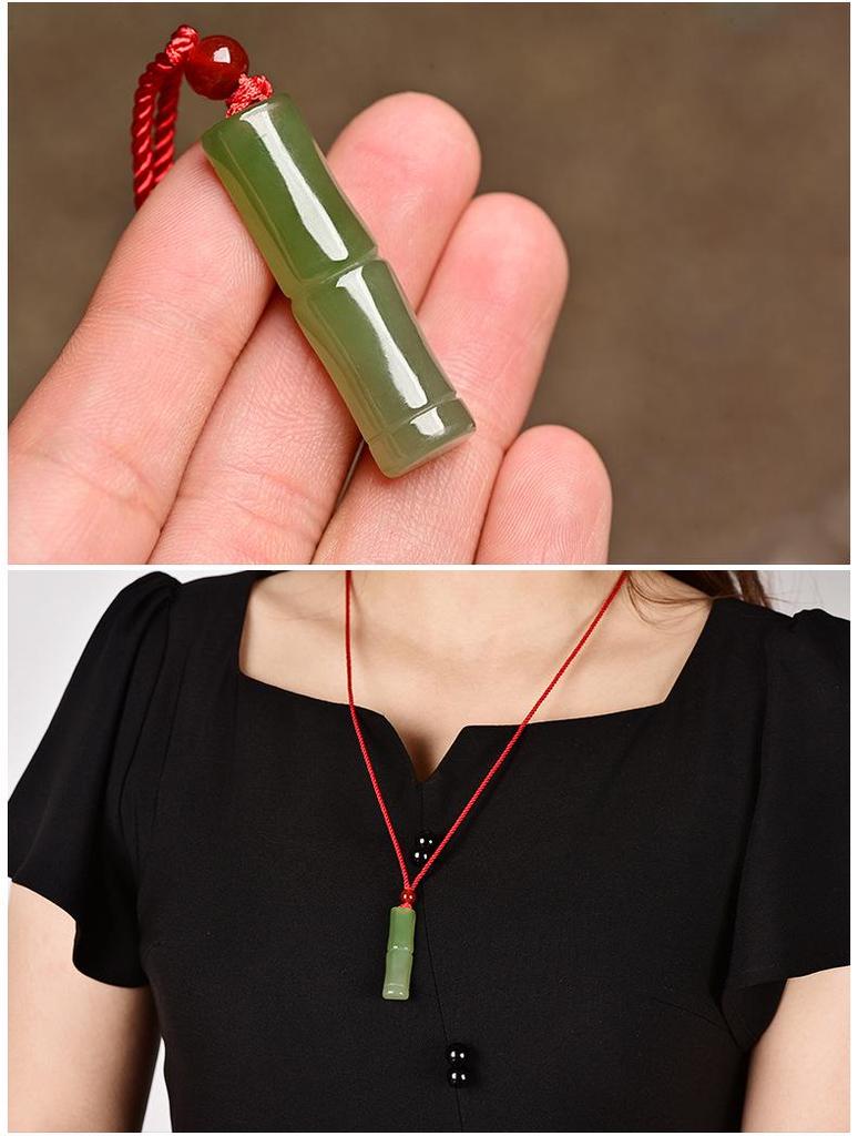 Certified Green Jade Bamboo Pendant for Men & Women - High-Grade Qinghai Hotan Jade Sweater Chain