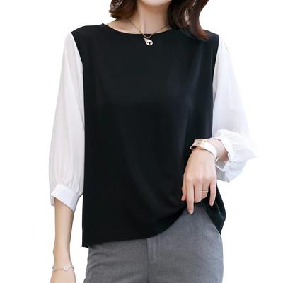 Blusen für Crew Round Herbst [KumiModa] Damen, Oberteile, 3/4 Ärmel, Gestreift, Pullover, Hals, Hals, Figur-Verbergend, Uni, Dünn, Einfach, Stilvoll,