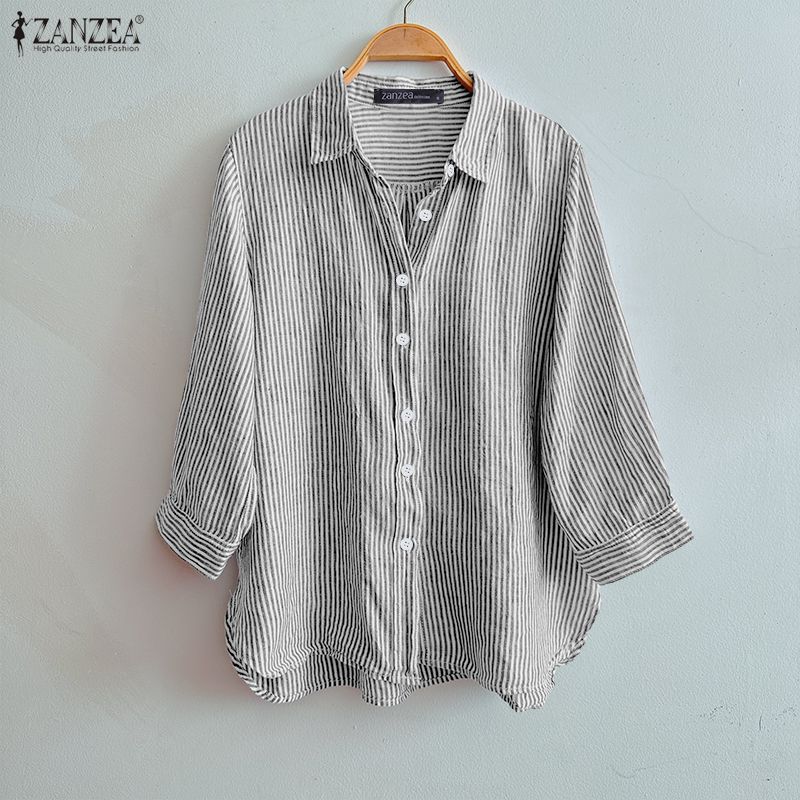 ZANZEA Damen Umlegekragen Locker Lässig 3/4 Ärmel Gestreifte Bluse