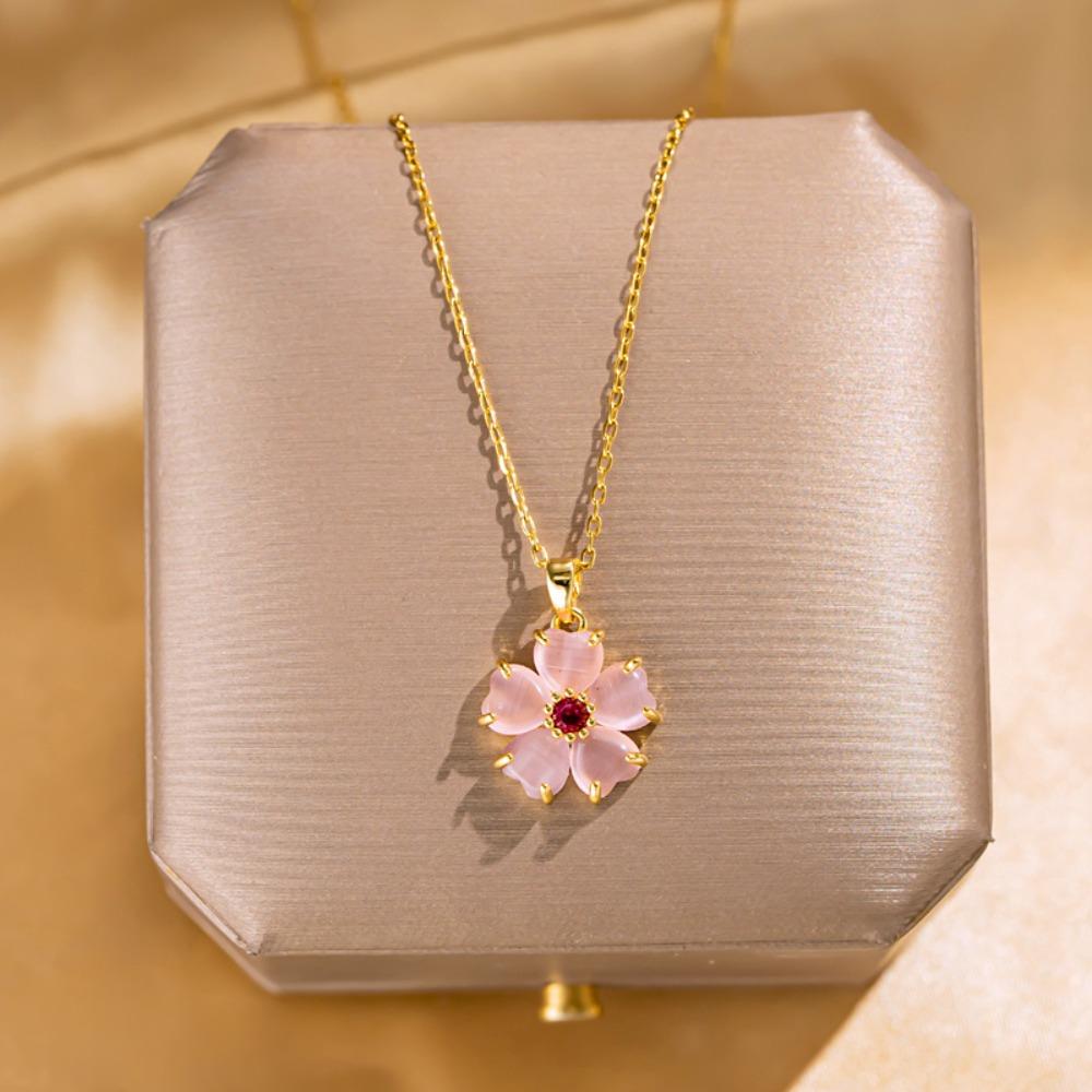 2026 Sweet Pink Cherry Blossom Pendant Necklace - Gold Plated Titanium Steel Floral Collarbone Chain for Women Delicate Jewelry