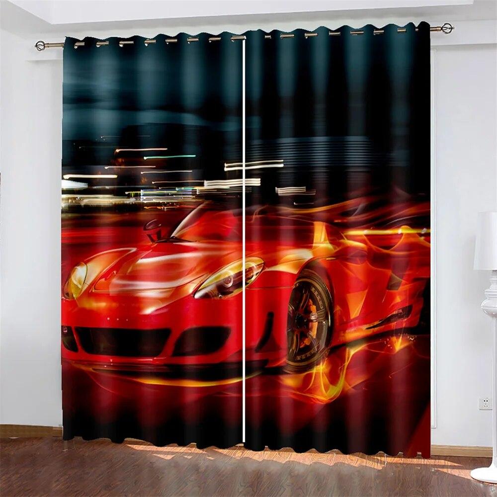 3D Trendy City Sports Car Scenery 3D Printing Semi Sunshade Window Curtain Polyester Fabric For Bedroom Hook Accessories  2pcs