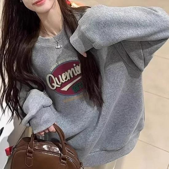 Women's Oversized American Retro Plush Hoodie - Korean Style, Unisex, Spring & Autumn 2026 Collection