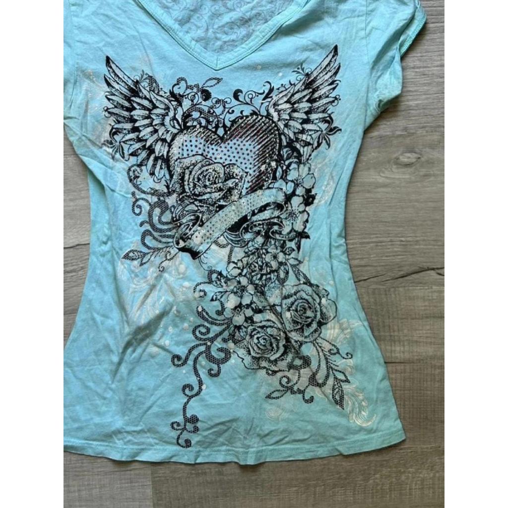 TrendHub Y2k Estetyka Vintage Kwiatowe Skrzydła Nadruk Koszulka Grunge Gotycka Damska Krótki Top Letni Dopasowany Harajuku Dekolt V Koszulka Femme Streetwear