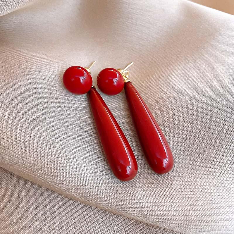 Vintage Red Resin Water Drop Long Hanging Earrings For Women 2026 New Design Imitation Pearl Pendant Earrings Jewelry