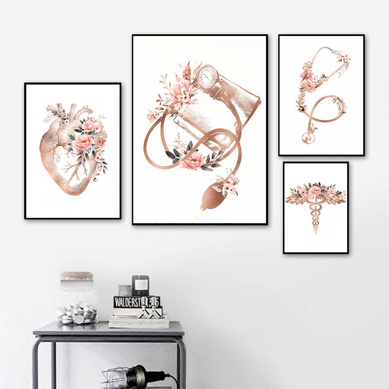 Flower Anatomy Canvas Painting Heart Lungs Skull Organ Poster Stethoscope Wall Art Printed Picture Medical Education Decoration