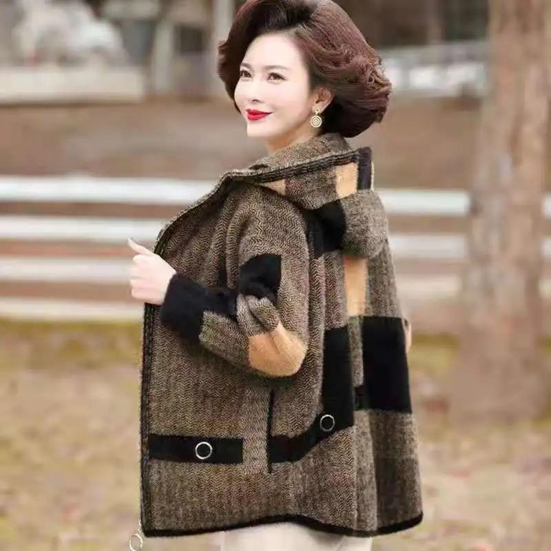 Women's Winter Plus Size Hooded Coat Middle-Aged & Elderly Autumn Elegant Casual Double-Faced Fleece Wool Coat