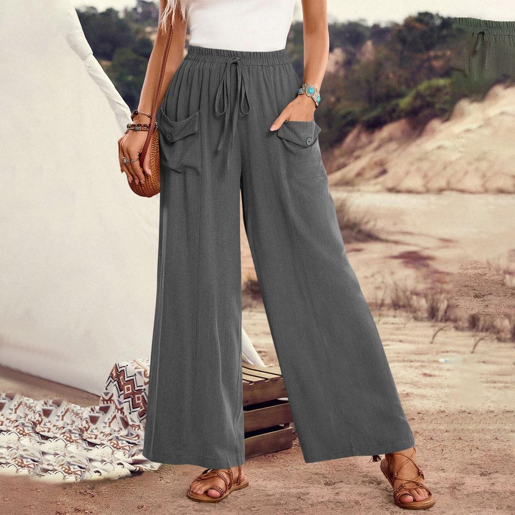 Women's Loose-Fit Casual Wide-Leg Pants With Pockets, Drawstring Waist, And Elastic Waistband