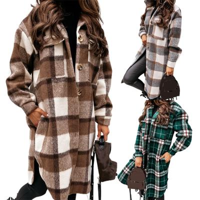 Turn-Down Collar Women Coat Long Sleeve Autumn Winter Plaid Print Flap Pockets Woolen Coat Outerwear