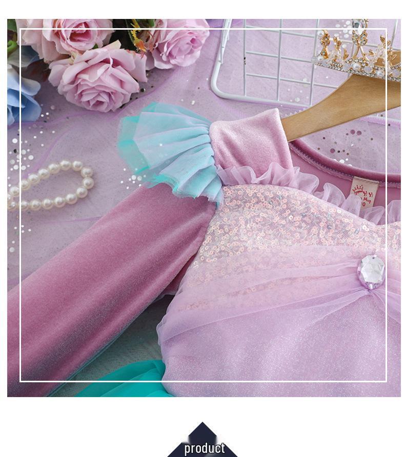 Girls' Mermaid Gem Princess Dress with Fly Sleeves - Long-Sleeved Christmas Party Attire for Autumn and Winter