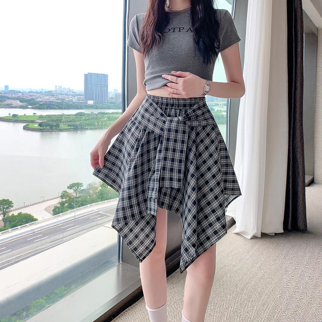 Blue Irregular Strap Skirt Women's Summer Design Sense Niche Plaid Skirt
