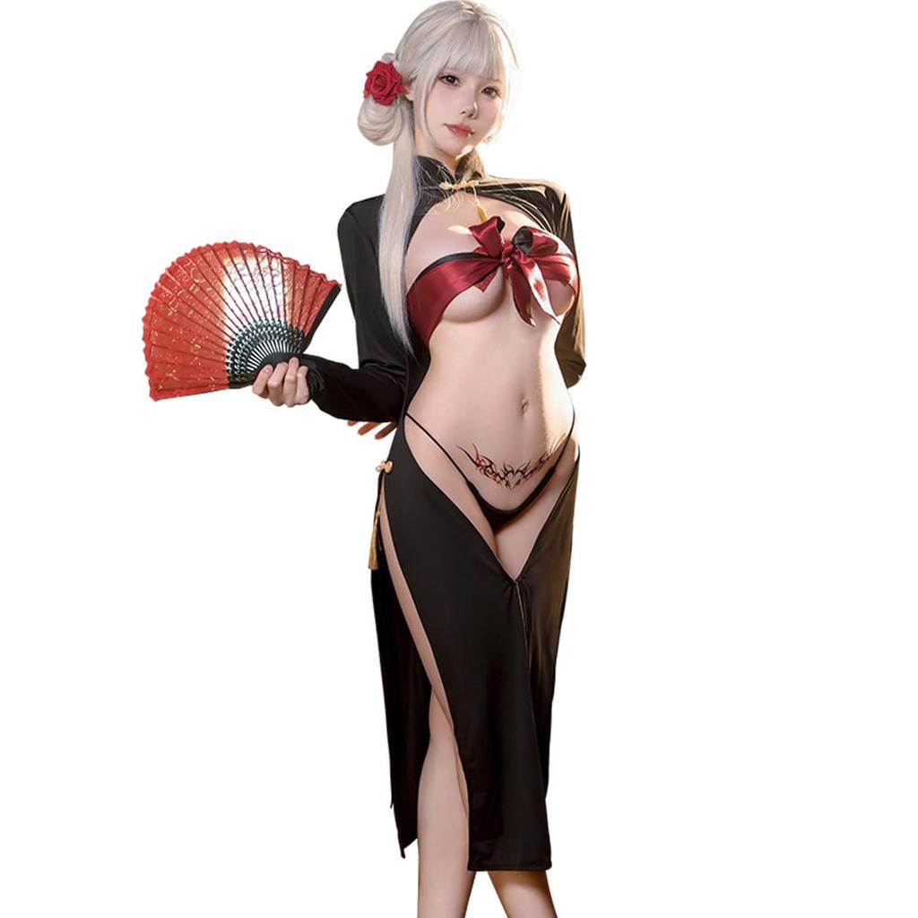 Sexy Chinese costume Cosplay Black Red Extreme Seductive Slit skirt Sexy mask Blindfold Eyepatch Cute Hole Exposed breasts Fancy dress Costume Chinese