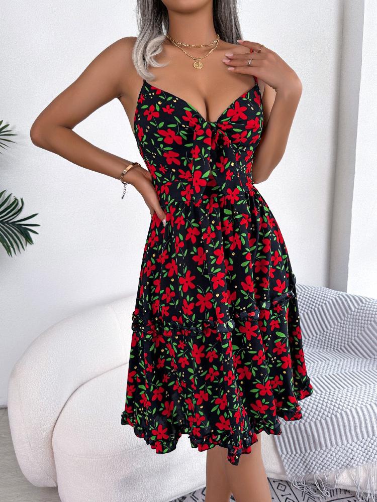 Sommermode Damen Lässiges Blumen-Schleifen-Holzohr-Trägerkleid Elegant und Sexy Slim Fit Träger Print V-Ausschnitt Schnürkleider