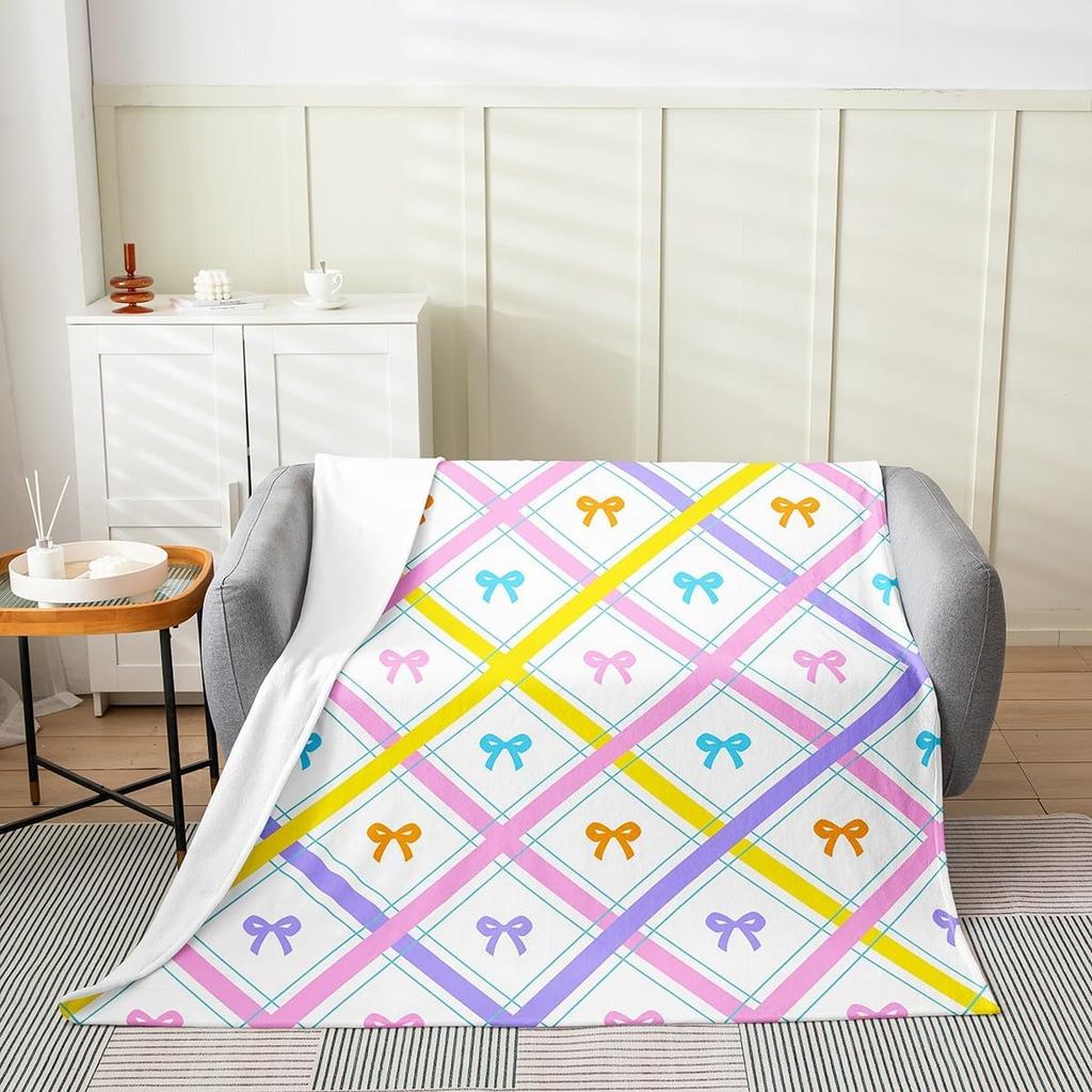 Cute Bowknot Fleece Blanket Princess Style Blue Bow Watercolor Plush Throw for Home Decor Geometric Grid Minimalist Dreamy Sofa