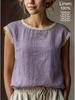 Womens Retro Loose Round Neck Solid Color Lace Splicing Sleeveless Linen Shirt