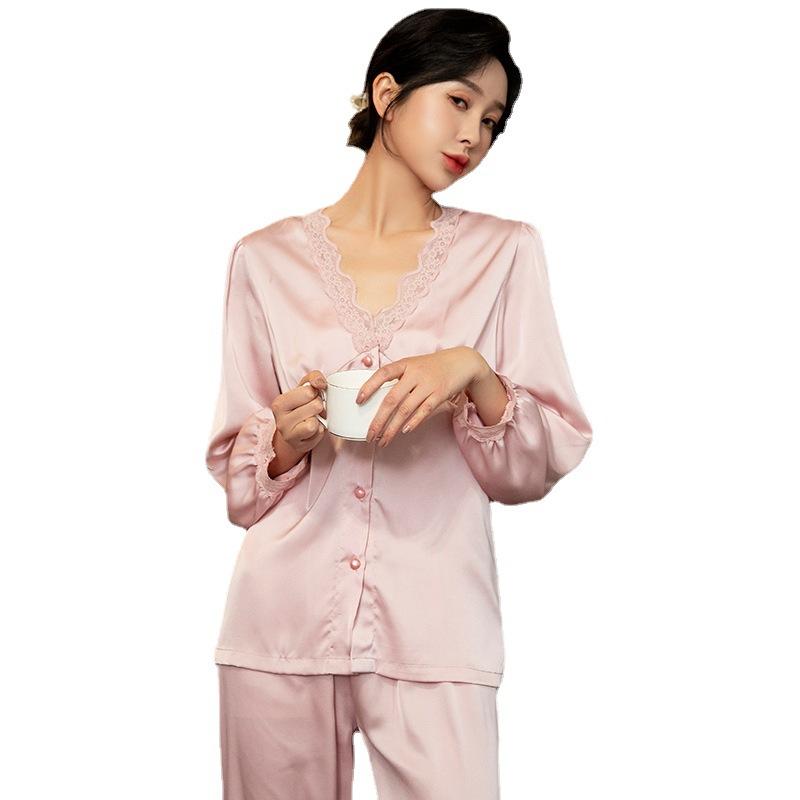 1011 New Pajamas Women's Spring and Autumn Ice Silk Long Sleeve Pants Set Live Sexy Lace Homewear Summer