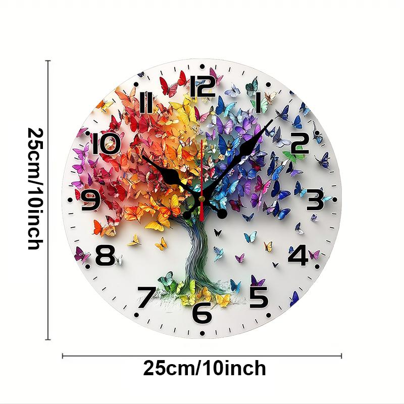 Butterfly Tree Wooden Round Silent Hanging Wall Clock, Suitable For Living Room, Office, Study Room, Bedroom, Home Decoration