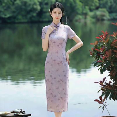 Purple Small Fresh 1 New Improved Floral Cheongsam Women's Short-sleeved Long Thin New Chinese Style Dress