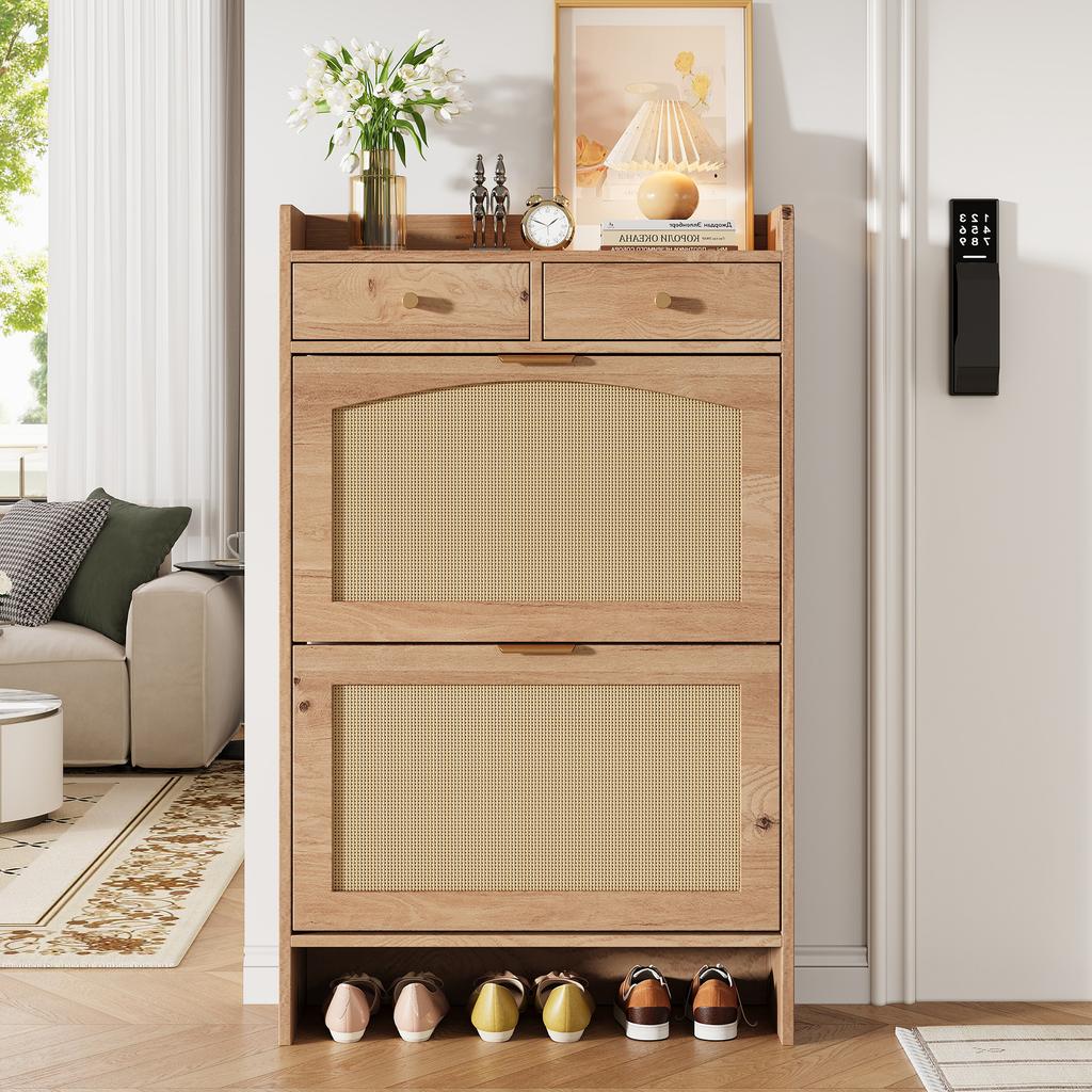 Modern Shoe Cabinet with Rattan Double Doors, 2 Drawers, Multi-level Storage, Narrow, for Hallway and Entrance, Wood Look, 65 × 25 × 106 Cm