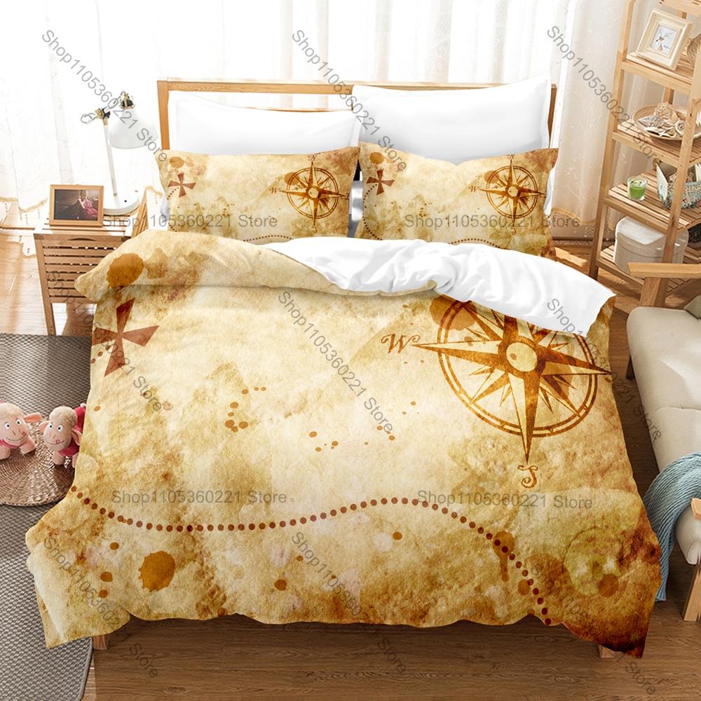 Set Biancheria da Letto Bussola Mappa Retro, Copripiumino + 2 Federe, Lenzuola Grafiche Classiche di Navigazione